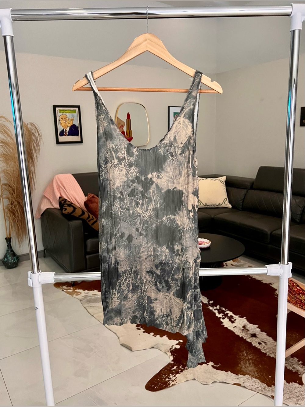 Zara Asymmetrical Tie-Dye sleeveless top raw edges Charcoal Sz S